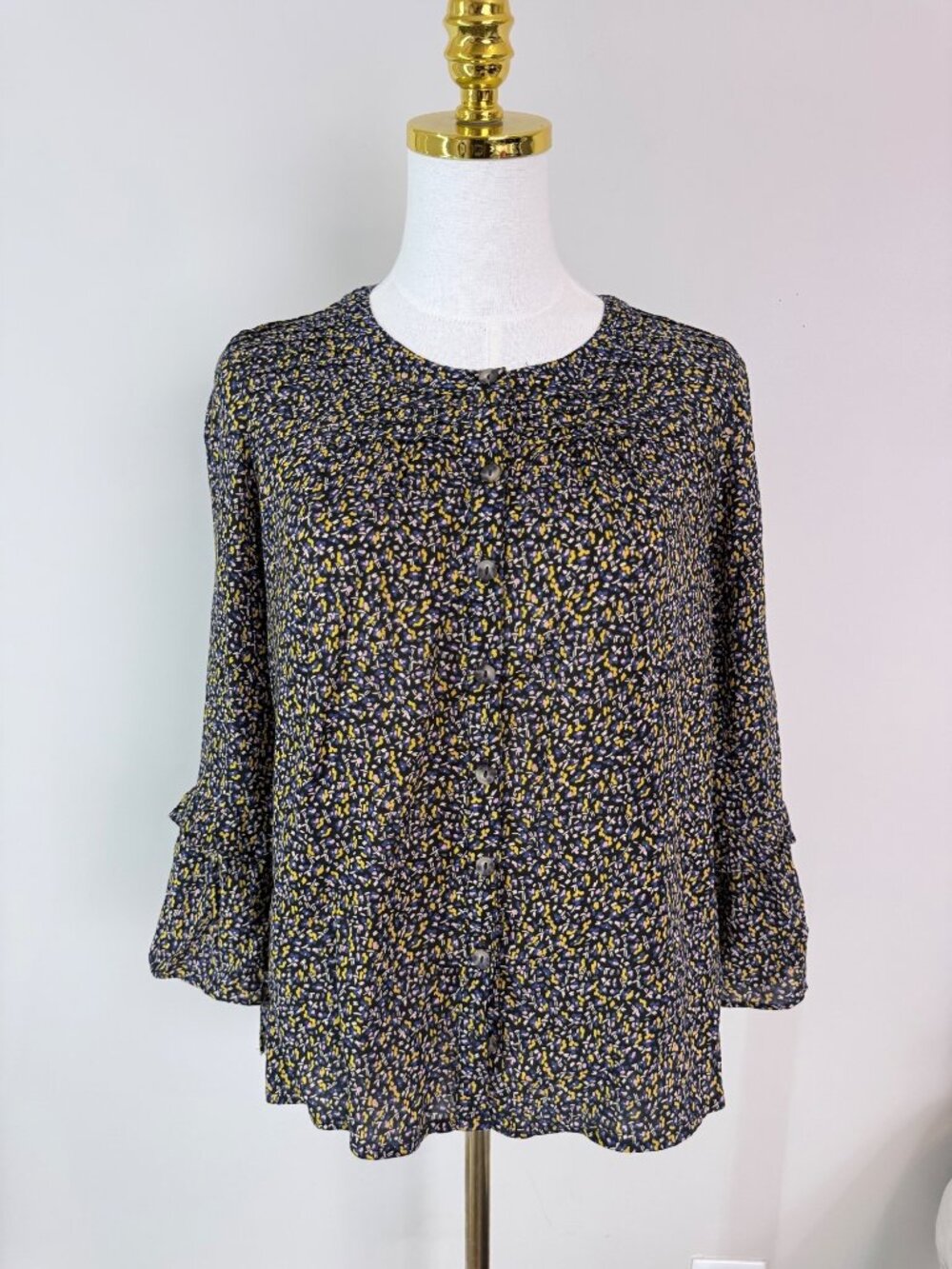 Maeve By Anthropologie Black Floral Button-Front Blouse Ruffled Sleeves Size S